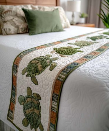 Eco Spirit Turtle Quilted Decorative Runner — Sustainable-Inspired Bed Scarf, Durable Cotton Blend, Reversible Accent For Queen & King Beds