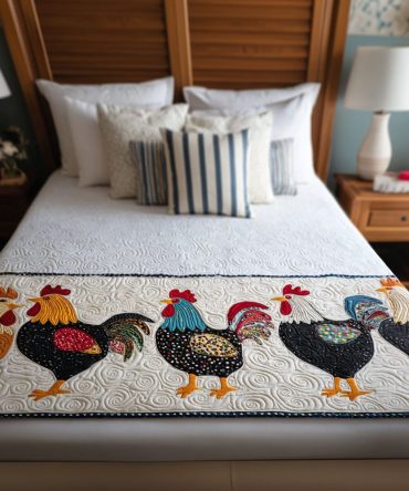 Egg-Citing Design Decorative Quilted Bed Runner — Whimsical Egg & Hen Motifs, Farmhouse Bed Scarf, Soft, Washable Accent