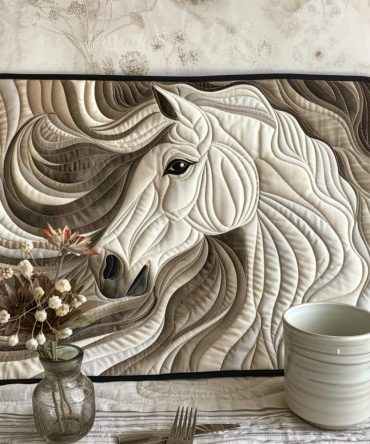 White Horse Quilted Table Placemat — Elegant Equestrian Dining Accent, Premium Quilting, Classic Farmhouse Style, Durable & Machine Washable For Everyday Use
