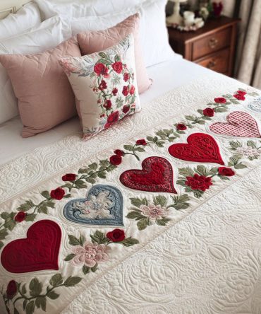 Elegant Hearts Quilted Bed Runner — Sophisticated Heart Motif Bed Scarf For Romantic Bedroom Styling, Quilted Decorative Accent