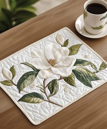 Elegant Magnolia Quilted Placemat — Timeless Floral Table Decor with Soft Quilting, Perfect for Wedding & Everyday Tables