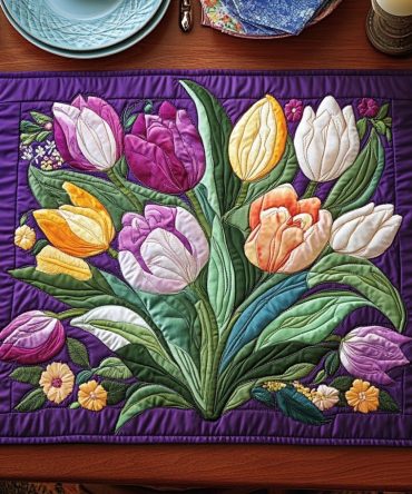 Elegant Tulips Quilted Placemat - Timeless Tulip Table Accent, Soft Padded Cotton, Reversible, Heat-Resistant, Machine Washable, Giftable