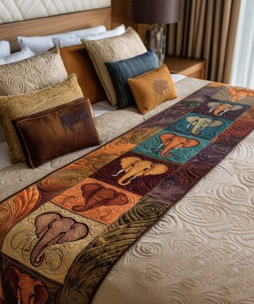 Elephant Bloom Quilted Bed Runner — Floral Elephant Cotton Bed Scarf For Queen & King, Bohemian Floral Accent, Reversible And Lightweight Home Decor