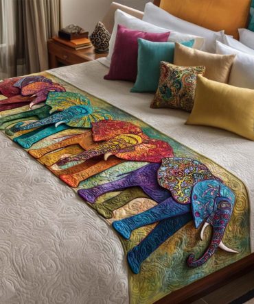 Elephant Garden Quilted Bed Runner – Exotic Boho Bedding Accent With Hand-Stamped Motifs, Durable Cotton Blend For Queen & King