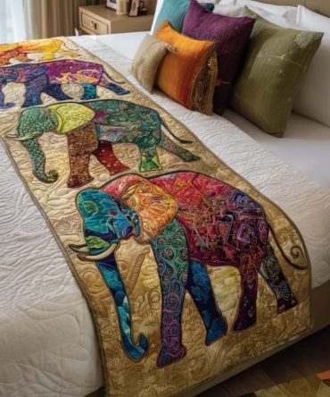Elephant Harmony Quilted Bed Runner — Serene Boho Cotton Bed Scarf For Queen & King, Subtle Patterned Accent, Reversible & Machine Washable