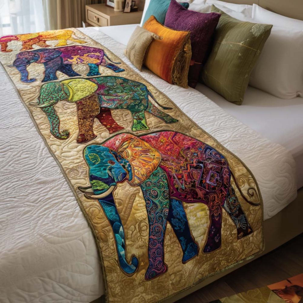 Elephant Harmony Quilted Bed Runner — Serene Boho Cotton Bed Scarf For Queen & King, Subtle Patterned Accent, Reversible & Machine Washable