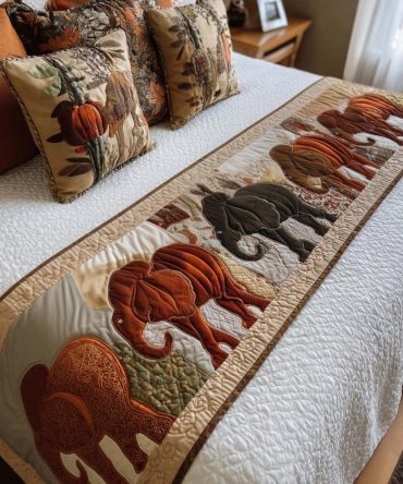 Elephant Joy Quilted Bed Runner — Playful Boho Cotton Bed Scarf For Queen & King Beds, Colorful Ethnic Motif, Reversible Accent For Bright Bedrooms