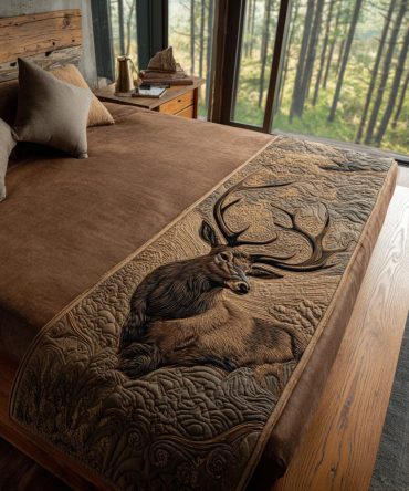 Elk Forest Guardian Rustic Quilted Bed Scarf — Cabin-Style Cotton Bed Runner With Majestic Elk Motif, Durable & Machine-Washable