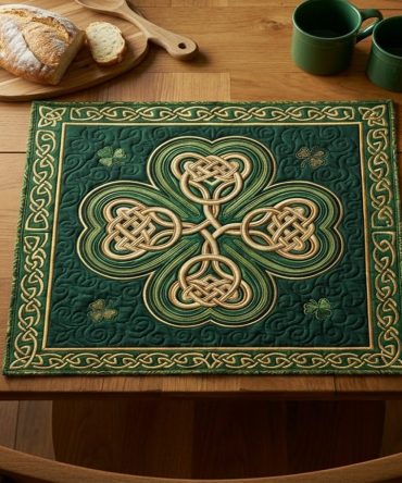Emerald Celtic Knot Quilted Placemat — Luxe Green Table Mat, Stitched Textile Accent, Durable Cotton, Gift For Celtic & Boho Homes