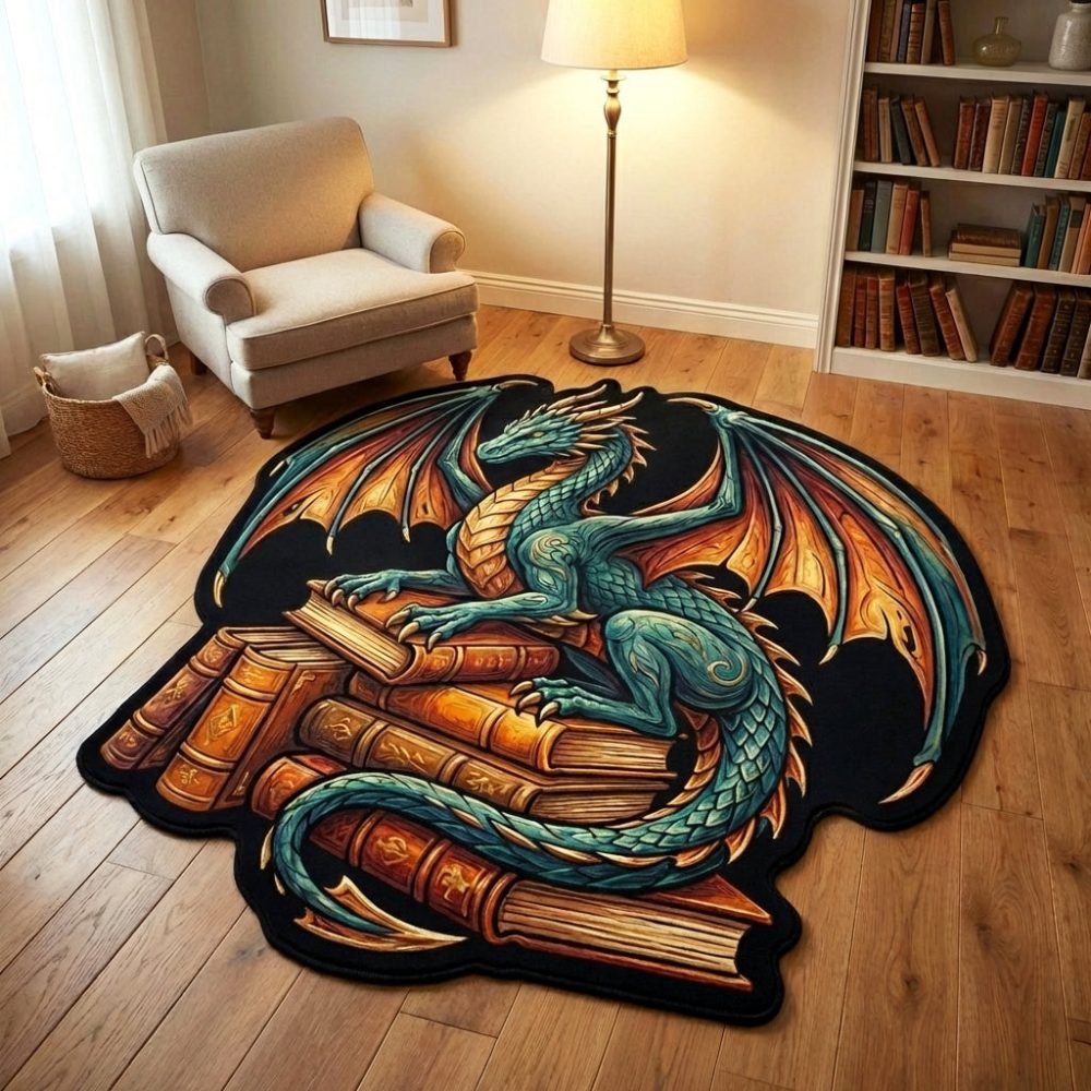 Custom Emerald Dragon Shaped Rug - Bold Fantasy Statement Piece, Durable Low-Pile Fibers, Non-Slip Backing For Kids Room & Loft
