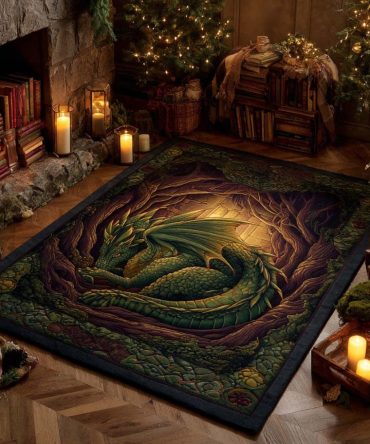 Guardian Emerald Dragon Rug - Intricate Mythical Motif In Rich Green Hues, Low-Pile Durable Design For Living Room Centerpiece
