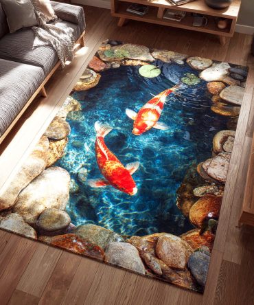 Emerald Koi Pool Rug - Artistic Fish Pond Design In Deep Green, Low-Pile Durable Weave, Indoor Accent For Entryway, Bathroom & Living Spaces