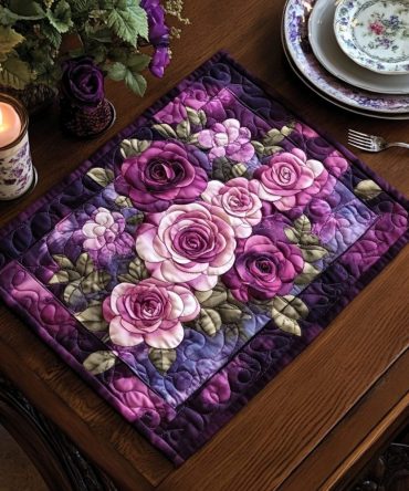 Enchanted Amethyst Quilted Placemat - Rich Purple Floral Design, Premium Cotton, Machine Washable Table Mat for Elegant Dining