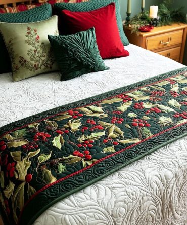 Enchanted Evergreens Quilted Bed Scarf — Timeless Holiday Bedding Accent For Queen & King, Evergreen Motifs For Cozy Seasonal Style