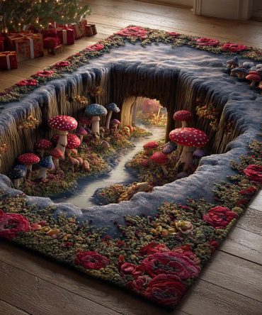 Enchanted Mushroom Forest Rug - Whimsical Woodland Scene In Emerald Greens, Soft Plush Pile With Non-Slip Backing, Great For Kids Rooms