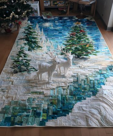 Enchanted Reindeer Forest Rug - Festive Woodland Design In Emerald & Natural Tones, Durable Low-Pile, Easy-Care Accent For Holiday & Home