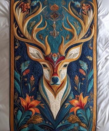 Enchanted Stag Quilted Bed Runner — Luxe Wildlife Motif Bed Scarf For King & Queen Beds, Reversible Decorative Accent