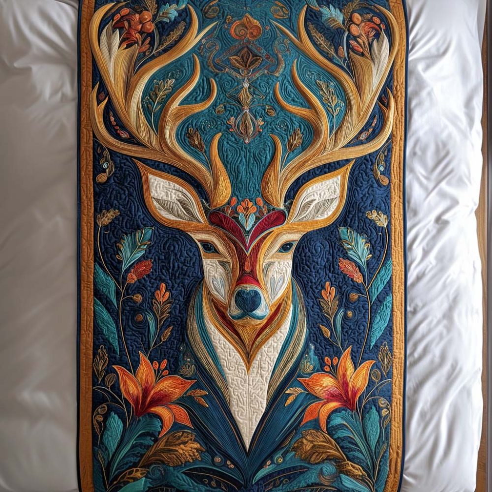 Enchanted Stag Quilted Bed Runner — Luxe Wildlife Motif Bed Scarf For King & Queen Beds, Reversible Decorative Accent