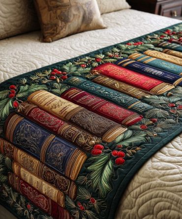 Enchanted Volumes Quilted Bed Runner — Magical Book-Print Bed Scarf, Charming Decorative Accent For Readers & Storybook Bedrooms