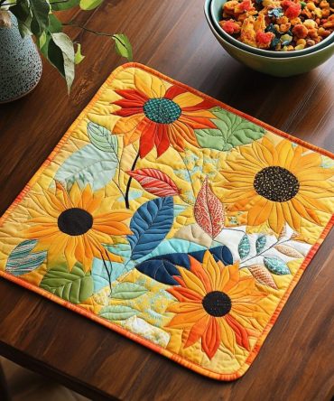 Enchanting Sunflower Quilted Placemat — Elegant Floral Table Mat, Soft Padded, Heat-Proof, Machine-Washable, Ideal for Gifts