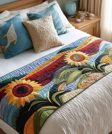 Sunflower Vista Quilted Bed Runner — Bright Yellow Floral Cotton Bed Scarf For Queen & King, Cheerful Boho Accent For Bedroom Or Guest Room