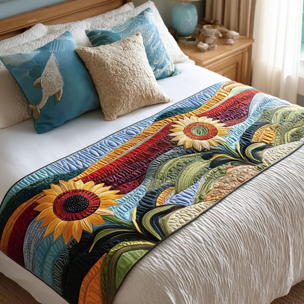 Sunflower Vista Quilted Bed Runner — Bright Yellow Floral Cotton Bed Scarf For Queen & King, Cheerful Boho Accent For Bedroom Or Guest Room