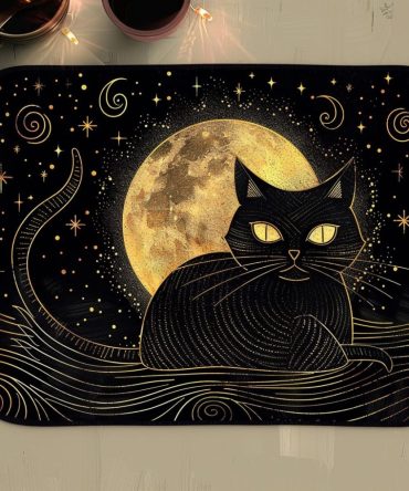 Enigmatic Lunar Cat Quilted Table Placemat — Mystical Moon Design, Cotton-Padded, Easy-Care, Non-Slip Backing, Perfect Cat Lover Gift