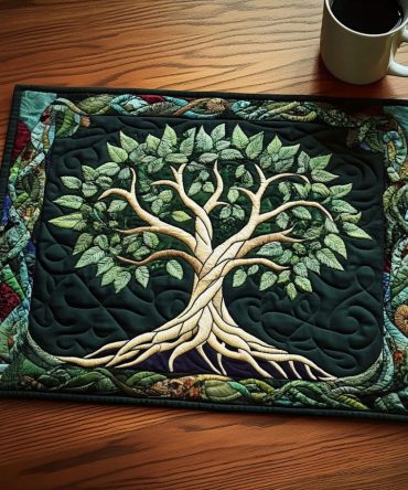 Entwined Green Tree Quilted Placemat — Elegant Green Botanical Table Mat, Quilted Padding for Heat & Scratch Protection, Easy-Care Dining Accent