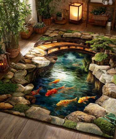 Eternal Koi Watercolor Rug — Serene Fish Motif Area Rug For Tranquil Bedrooms, Bathrooms & Zen Spaces (Soft Color Palette)