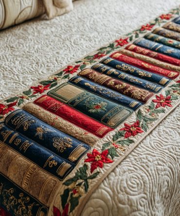 Evergreen Anthology Quilted Bed Runner — Forest-Green Book Motif Bed Scarf, Timeless Quilted Accent For Cozy, Layered Bedding