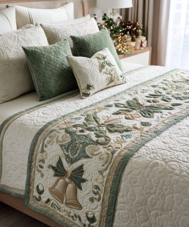 Evergreen Bells Quilted Bed Runner — Classic Pine & Bell Holiday Bed Accent, Timeless Quilted Decorative Throw For Bedroom & Living Room, Soft & Easy-Care