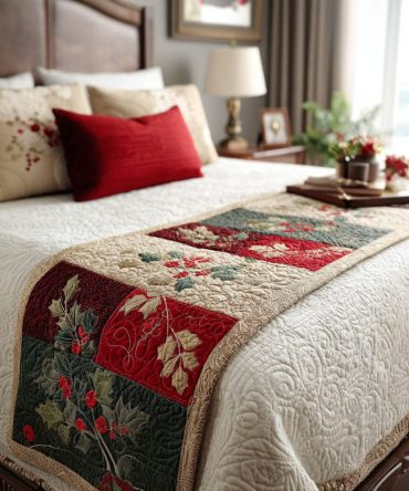 Evergreen Berry Mix Quilted Bed Scarf — Classic Pine & Berry Christmas Runner, Reversible Quilted Holiday Bedding Accent For Warm Seasonal Style