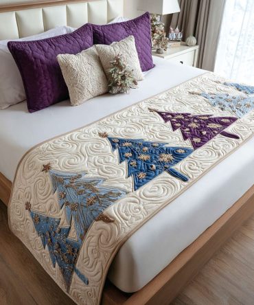 Evergreen Blessings Quilted Bed Runner — Classic Christmas Bed Scarf With Pine Motif, Durable Reversible Holiday Accent