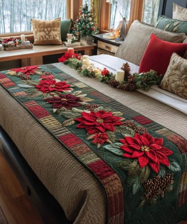 Evergreen Charm Quilted Bed Scarf — Classic Evergreen Motif Runner, Reversible Cotton-Blend Accent For Holiday And Year-Round Cozy Bedrooms
