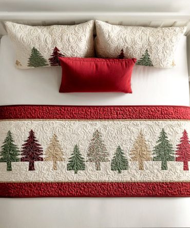 Evergreen Charm Quilted Bed Runner - Rustic Forest Decorative Bed Scarf For Winter Holiday, Machine Washable Luxury