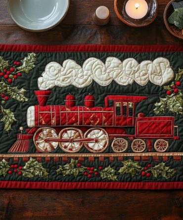 Evergreen Express Quilted Dining Placemat — Holiday Train & Tree Design, Thick Cotton-Blend Placemat, Heat & Spill Resistant, Machine Friendly