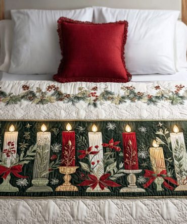 Evergreen Flame Quilted Bed Scarf — Festive Green Bed Runner With Quilted Texture, Holiday Throw Accent For Classic Seasonal Bedroom Decor