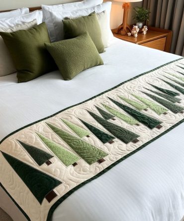 Evergreen Pine Quilt Bed Runner - Festive Forest Pattern Bed Scarf For Holiday & Winter Decor, Reversible Cozy Accent
