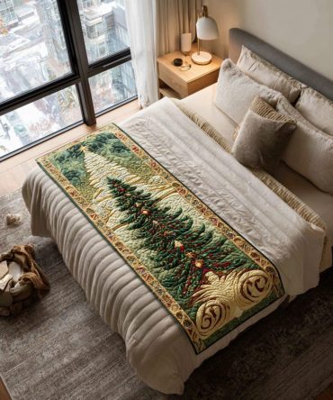 Evergreen Glow Holiday Quilted Bed Runner - Festive Luxury Accent For King/Queen Beds, Sofa & Seasonal Home Décor