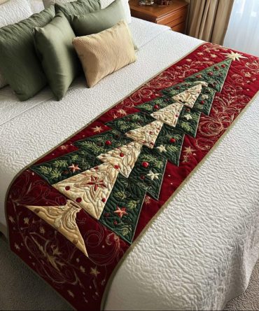 Evergreen Joy Quilted Bed Runner - Classic Holiday Green Bedding Accent With Quilted Texture, Reversible For Queen & King Beds, Cozy Seasonal Decor