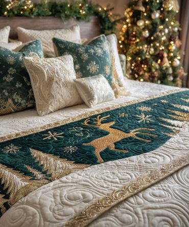 Evergreen Trail Quilted Bed Runner - Woodland-Inspired Decorative Bed Scarf, Reversible Cotton Blend With Pine Motifs For Rustic & Nature-Themed Bedrooms
