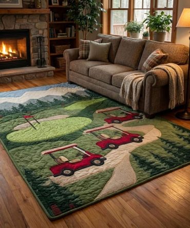 Fairway Ride Golf-Inspired Area Rug - Elegant Patterned Low-Pile Rug For Game Room, Living Room & Home Office Décor