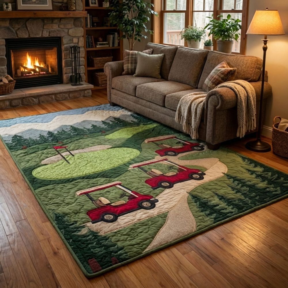 Fairway Ride Golf-Inspired Area Rug - Elegant Patterned Low-Pile Rug For Game Room, Living Room & Home Office Décor