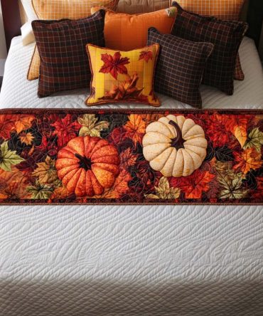 Fall Blessing Path Quilted Bed Scarf — Autumn Leaf Bed Runner Accent, Reversible Cotton-Blend Throw For Seasonal Bedroom Makeover, Easy Care