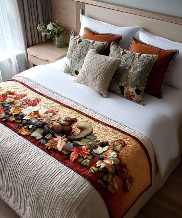 Fall Forest Friends Quilted Bed Runner — Rustic Woodland Bedding Accent With Deer & Fox Motifs, Quilted Cotton-Blend Throw For Cozy Bedrooms