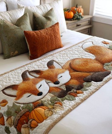 Fall Fox Designer Quilted Bed Runner — Charming Fox & Foliage Autumn Accent Throw For Cozy Seasonal Bedroom Styling