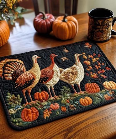 Fall Harvest Stroll Quilted Table Placemat — Rustic Harvest Scene in Warm Tones, Durable Quilted Cotton, Seasonal Table Protection & Easy Care