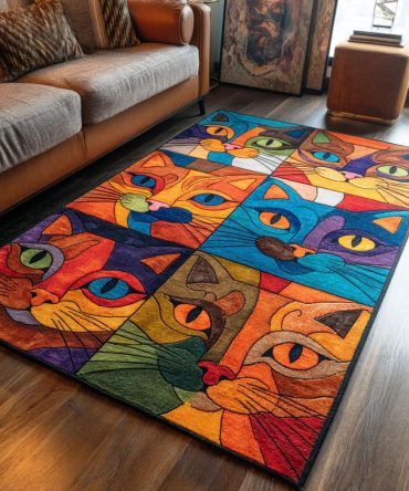 Fancy Feline Chic Area Rug - Playful Cat Silhouette Design, Low-Pile Soft Floor Rug For Living Room, Bedroom & Pet-Friendly Spaces