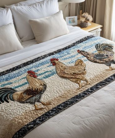 Farm Fresh Fowl Classic Quilted Bed Runner — Vintage Chicken Illustrations, Soft Cotton Blend Bed Scarf For Country Living