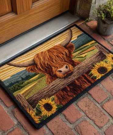 Farm Scene Highland Cow Welcome Mat - Rustic Outdoor Front Door Rug With Farm Animal Print, Durable Weather-Resistant Porch Mat